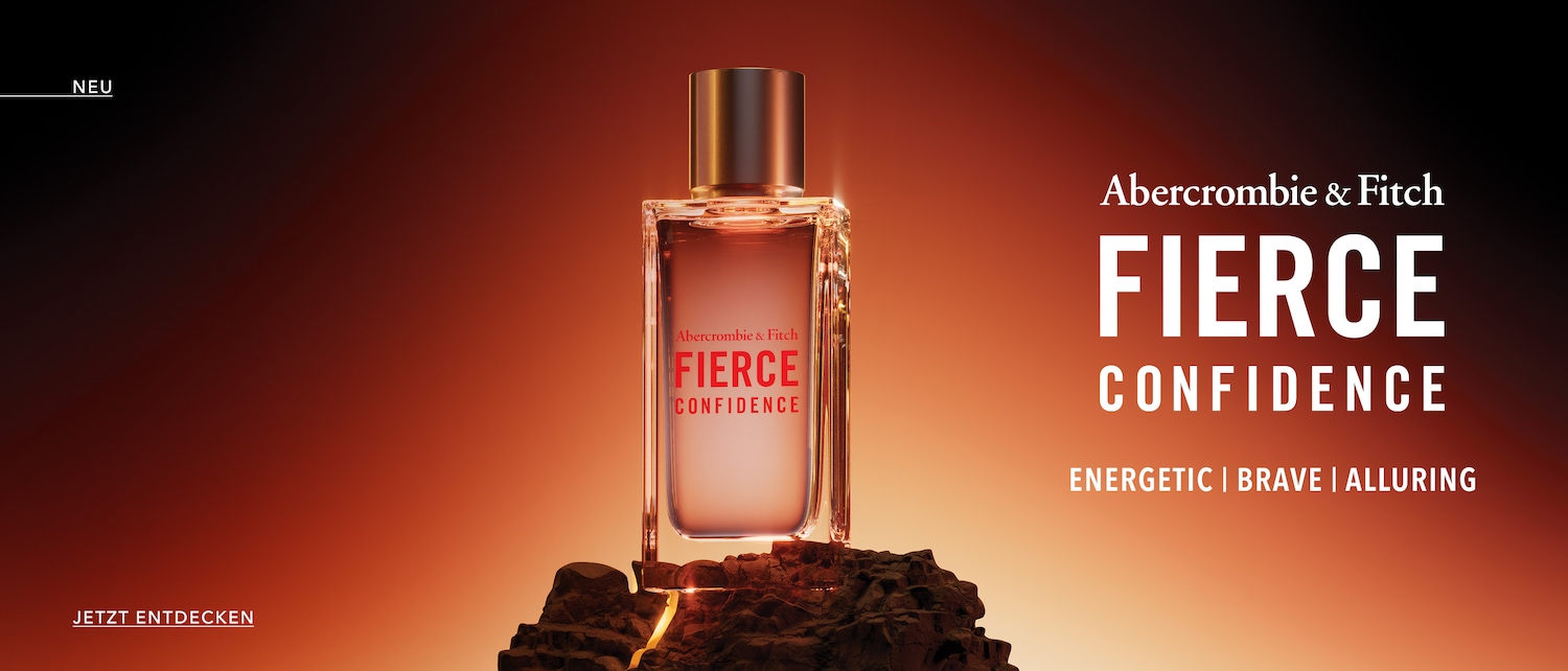 The new Abercrombie & Fitch FIERCE CONFIDENCE fragrance, presented in a clear glass bottle with a bronze cap, embodies an energetic, brave, and alluring essence; discover it now.