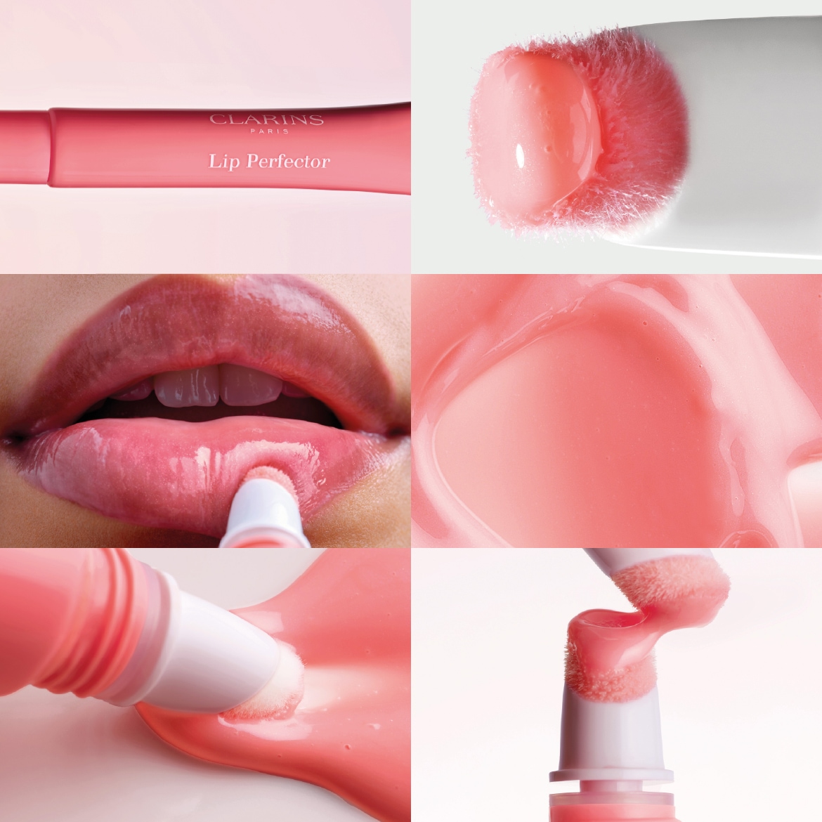 Nahaufnahme von Clarins Lip Perfector in zartem Rosa, der aufgetragen wird, um den Lippen einen glänzenden, natürlichen Look zu verleihen.