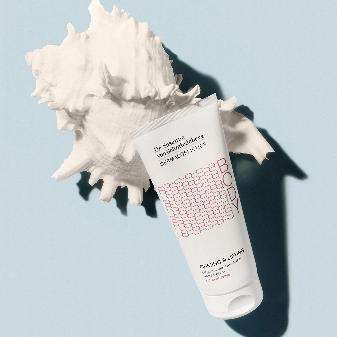 Dr. Susanne von Schmiedeberg DERMACOSMETICS Body Cream in weißer Tube mit roter Wabenstruktur und dem Schriftzug BODY, daneben eine weiße Muschel.