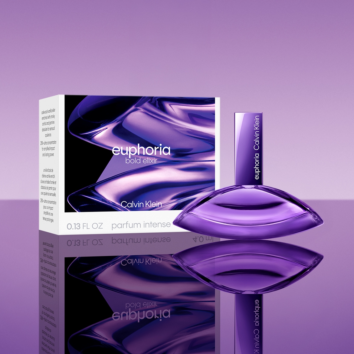 Entdecken Sie Calvin Klein Euphoria Bold Elixir, ein Parfum Intense in einem violetten Flakon, der sinnliche Opulenz verspricht.