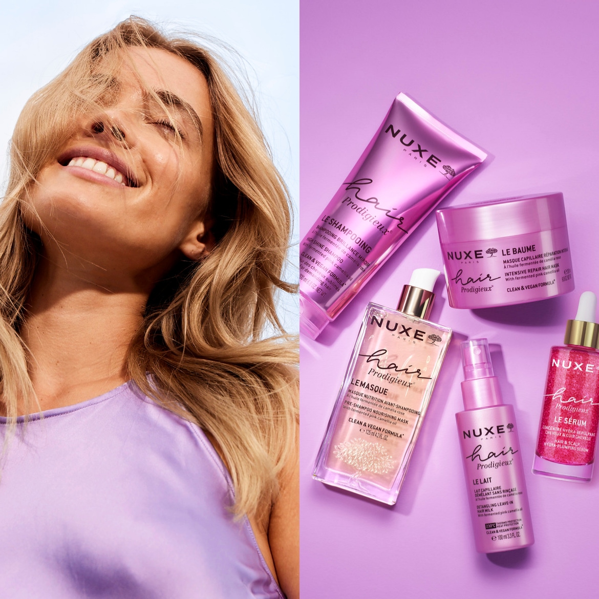 Eine lächelnde Frau mit geschlossenen Augen und wehendem blondem Haar genießt die Sonne, während im Hintergrund eine Reihe von NUXE Hair Prodigieux Haarpflegeprodukten zu sehen ist.