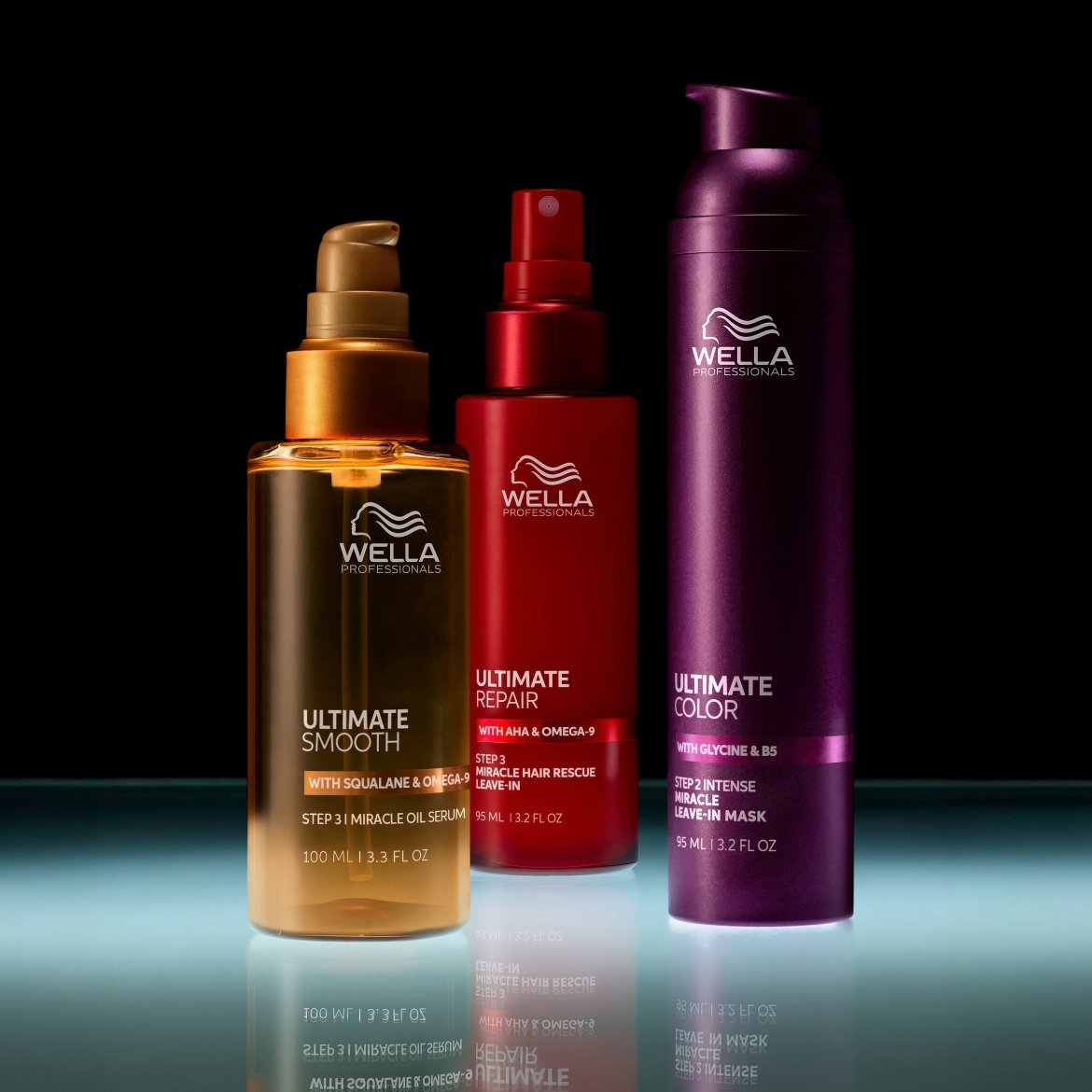 Drei Wella Professionals Haarpflegeprodukte: Ultimate Smooth Öl, Ultimate Repair Spray und Ultimate Color Maske, die für Geschmeidigkeit, Reparatur und Farbschutz sorgen.