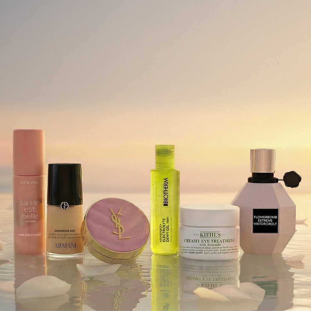 Entdecken Sie eine Auswahl an Schönheitsprodukten, darunter Lancôme La Vie Est Belle Haar- und Körperspray, Armani Luminous Silk Foundation und Biotherm Aquasource.