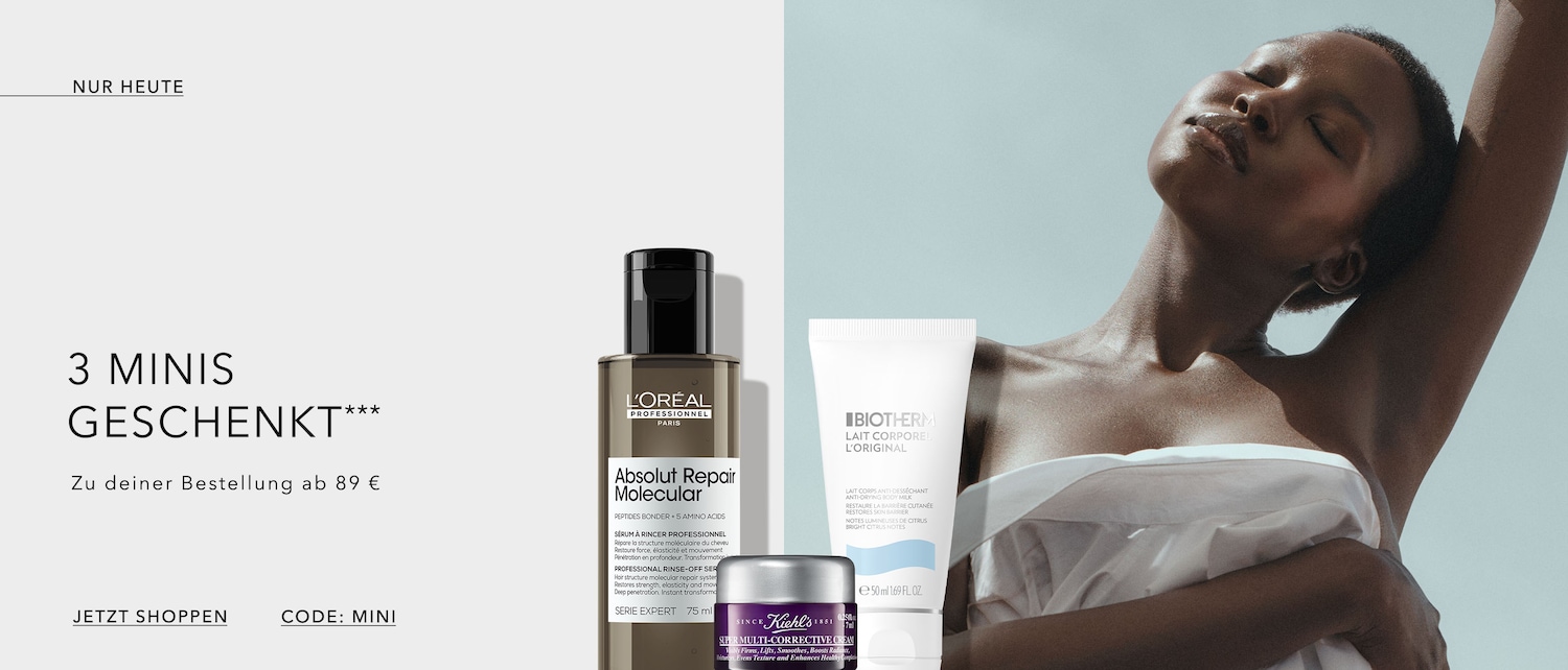 Heute nur: Erhalten Sie 3 Mini-Geschenke zu Ihrer Bestellung ab 89 € mit dem Code MINI, einschließlich L'Oréal Absolut Repair Molecular Serum, Biotherm Lait Corporel und Kiehl's Super Multi-Corrective Creme.