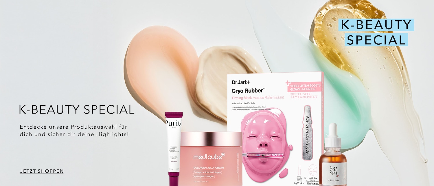 Entdecken Sie die K-Beauty Special Auswahl mit Produkten wie Purito Retinol Creme, Medicube Collagen Jelly Creme und Dr.Jart+ Cryo Rubber Maske für strahlende Haut. Jetzt shoppen!