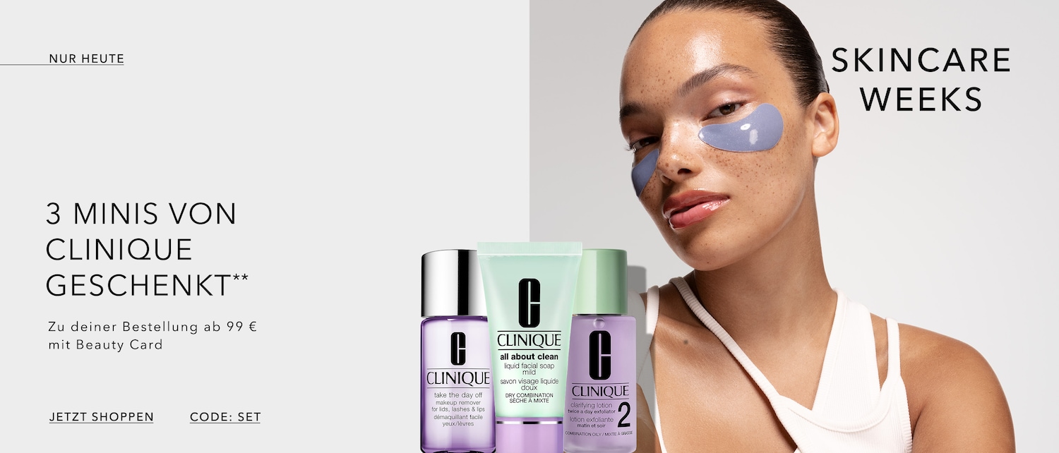 Entdecke die Clinique Skincare Weeks: Erhalte 3 Mini-Produkte beim Kauf ab 99 € mit der Beauty Card. Die Produkte umfassen Make-up Entferner, Gesichtsseife und klärende Lotion.