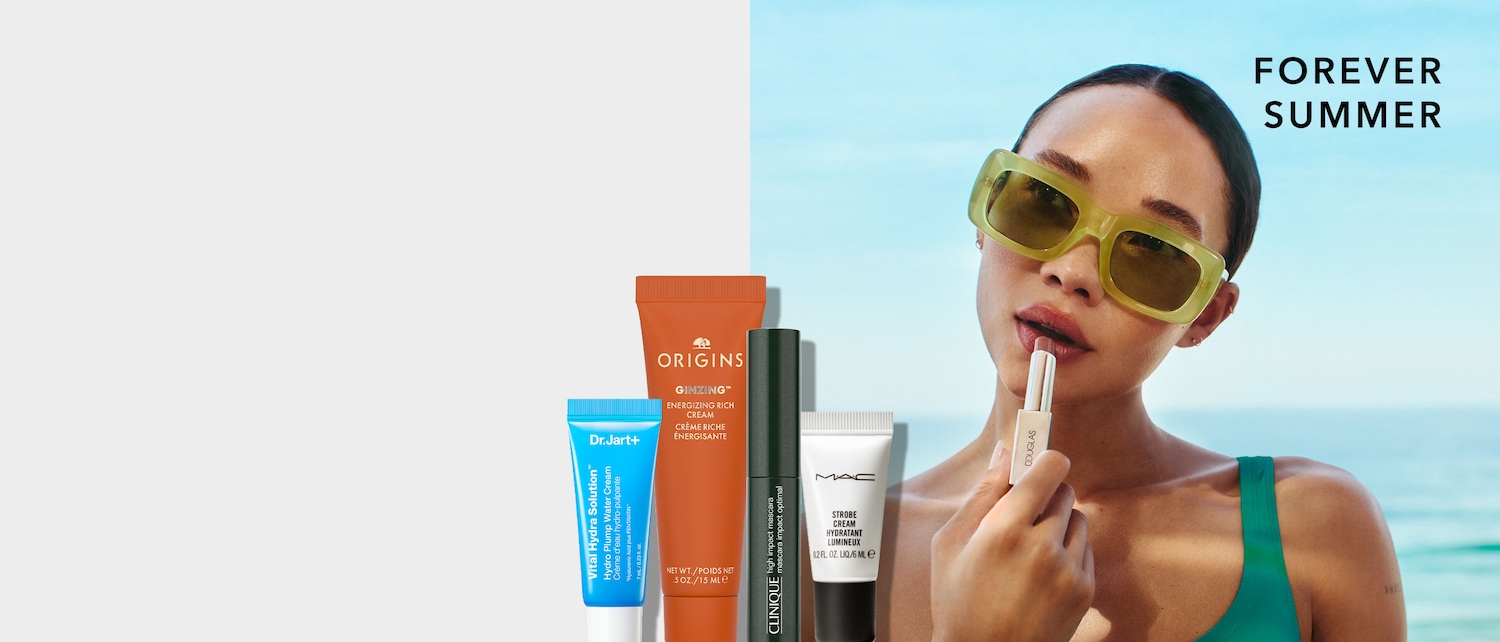 Entdecken Sie die Schönheitsgeheimnisse für einen strahlenden Sommer mit Dr.Jart+, Origins Ginzing, Clinique High Impact Mascara, MAC Strobe Cream und Douglas Lippenstift.