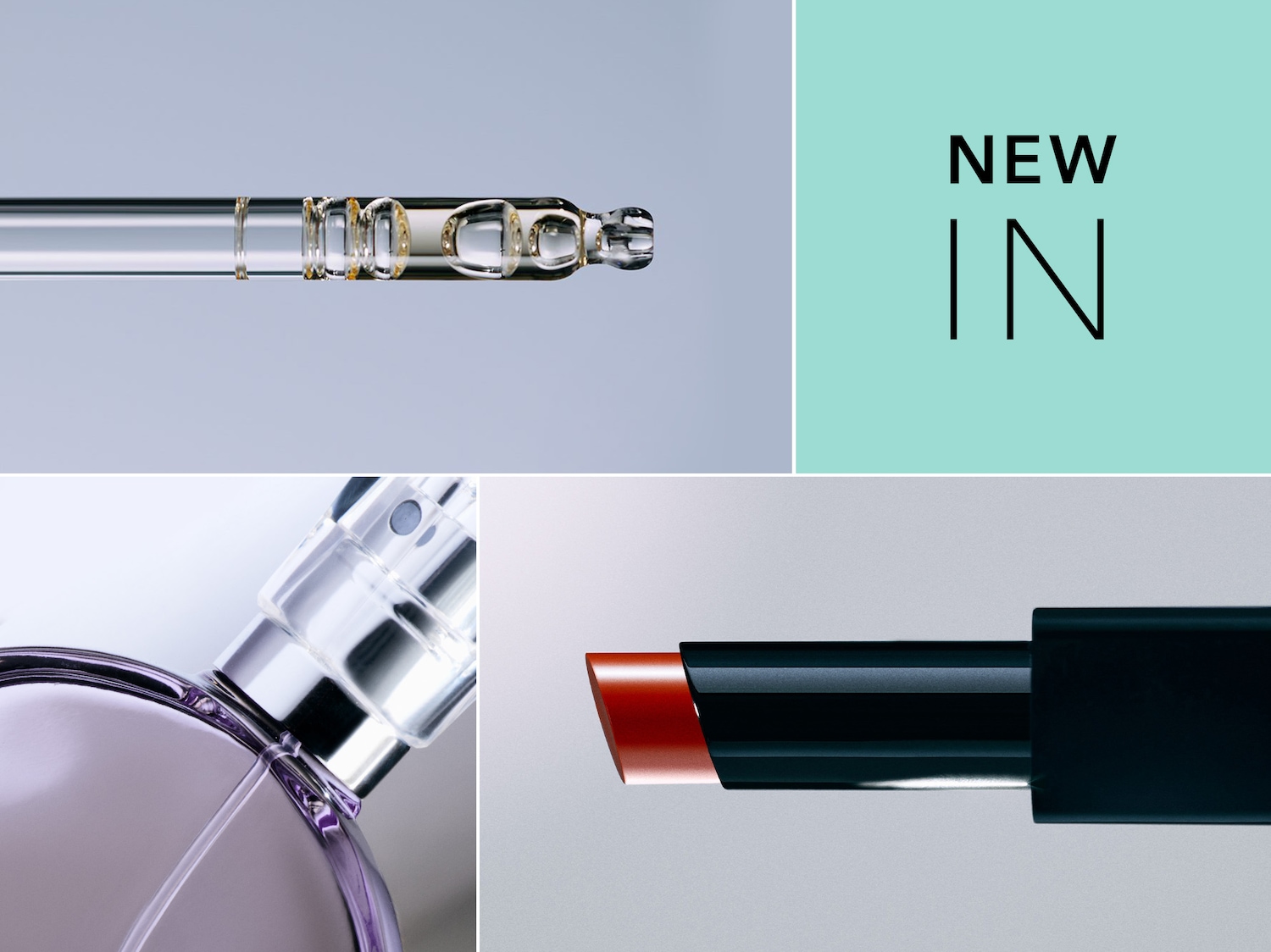 Entdecke die neuesten Beauty-Essentials: Ein Serum mit Pipette, ein zarter Flakon und ein Lippenstift in elegantem Design.