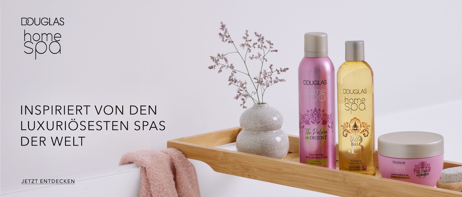 Douglas Home Spa collection inspired by the world's most luxurious spas, featuring body shower foam, body wash, and body scrub with rose and argan oil.