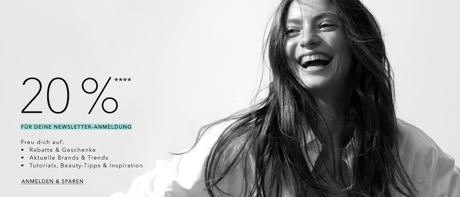 Schwarze Schrift zeigt 20 % Rabatt für die Anmeldung zum Newsletter, mit der Aufschrift "Anmelden & Sparen" und dem Bild einer lachenden Frau.
