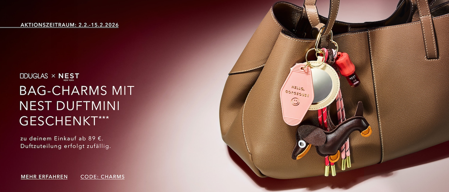 Entdecken Sie die Douglas x Nest Bag-Charms mit einem Nest Duftmini Geschenk beim Kauf ab 89 € im Aktionszeitraum vom 2.2. bis 15.2.2026 mit dem Code CHARMS.
