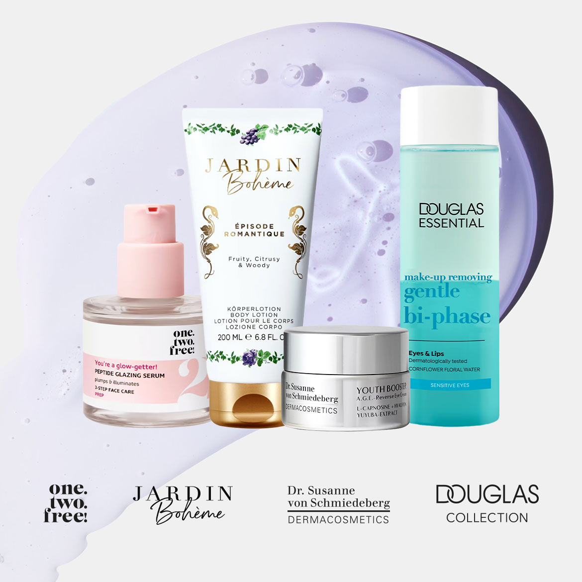 Entdecke eine Auswahl an Schönheitsprodukten, darunter ein Peptid-Serum, eine Körperlotion von Jardin Bohème und ein sanfter, zweiphasiger Make-up-Entferner von Douglas.
