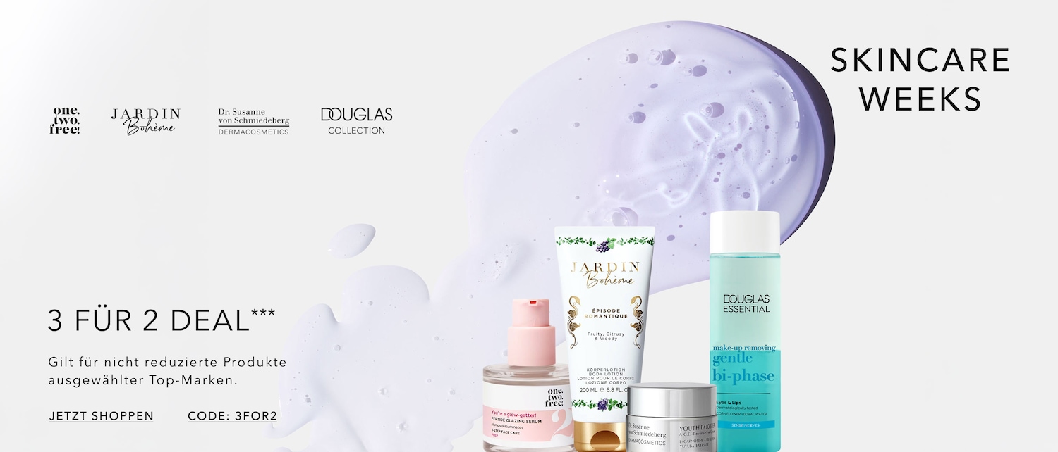 Entdecken Sie die Skincare Weeks mit Produkten von One Two Free, Jardin Bohème, Dr. Susanne von Schmiedeberg und Douglas Collection.