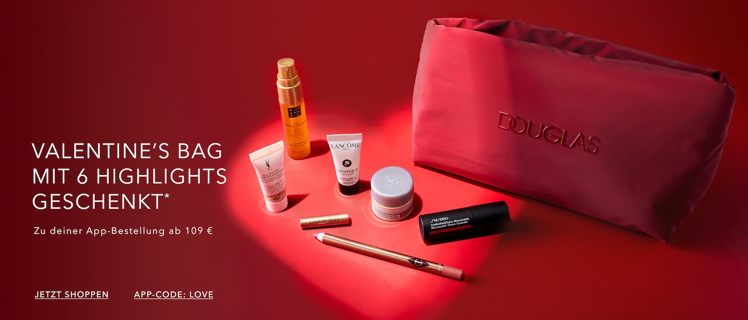 Entdecke die Valentine's Bag mit 6 Highlights Geschenk! Die Kosmetiktasche in Rot beinhaltet hochwertige Produkte von Marken wie Shiseido, Lancôme und Charlotte Tilbury.