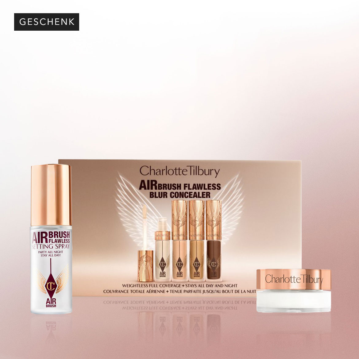 Dieses Set enthält Charlotte Tilbury Airbrush Flawless Setting Spray, Airbrush Flawless Blur Concealer und mehr für ein makelloses Finish, das den ganzen Tag und die ganze Nacht hält.