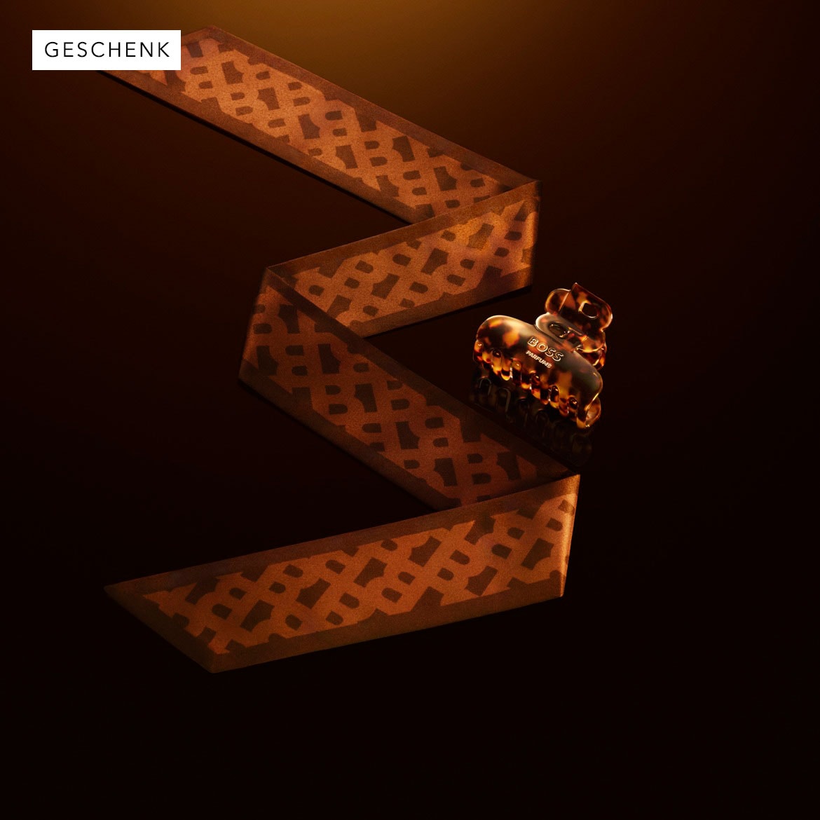 Auf einem dunklen Untergrund liegen ein braunes Band mit einem sich wiederholenden Muster und eine Haarspange mit dem BOSS-Logo.