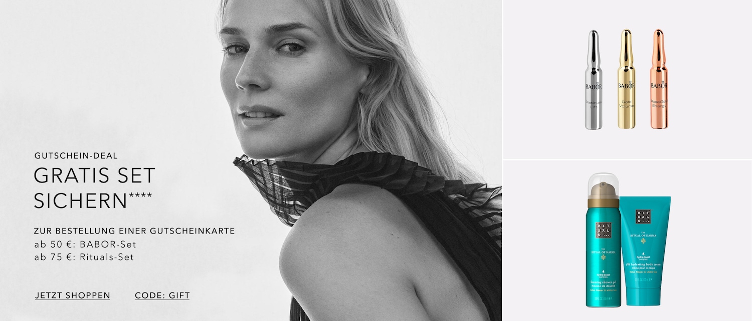 Sichern Sie sich ein gratis Set beim Kauf einer Gutscheinkarte: Ab 50 € ein BABOR-Set oder ab 75 € ein Rituals-Set.
