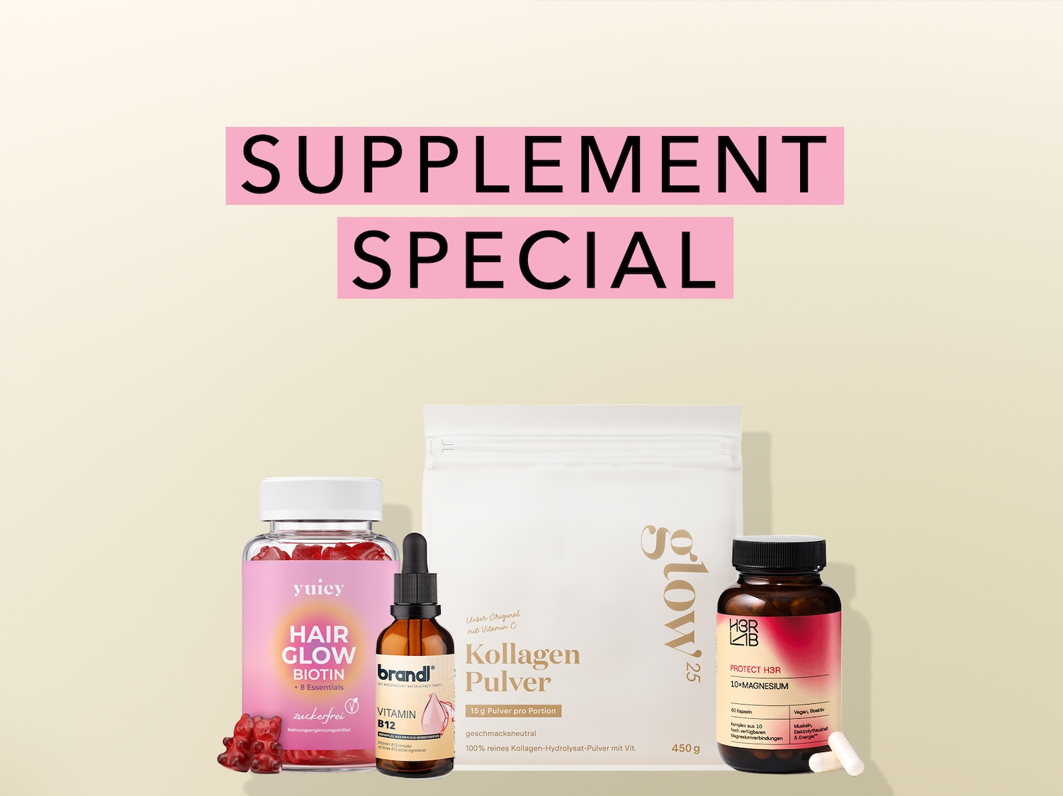Entdecke das Supplement Special mit Produkten wie Hair Glow Biotin Gummibärchen, Kollagen Pulver und Protect H3R Magnesium Kapseln für deine tägliche Nahrungsergänzung.