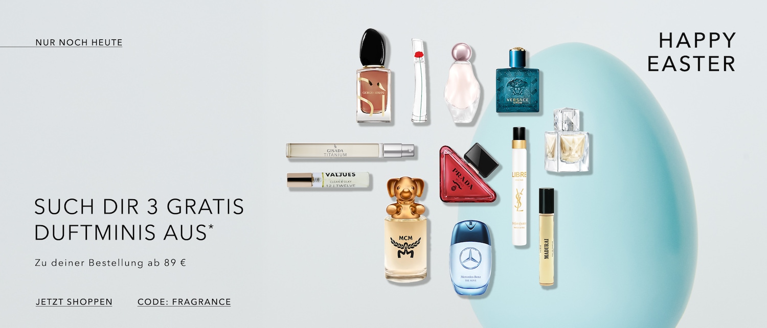 Entdecke eine vielfältige Auswahl an Parfümminiaturen von Marken wie Giorgio Armani, Versace und Prada, die auf einem hellen Hintergrund mit der Aufschrift "Happy Easter" präsentiert werden.