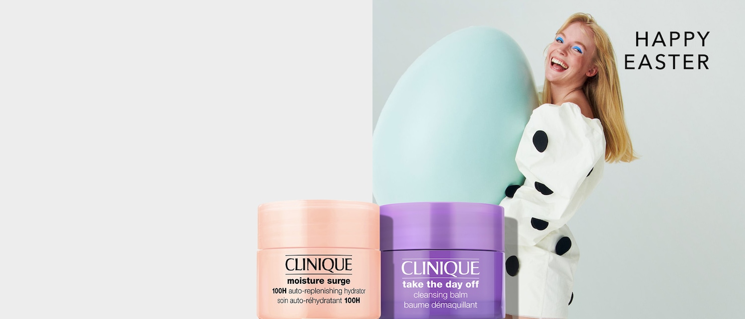 Clinique feiert Ostern mit feuchtigkeitsspendender Hautpflege: Moisture Surge in zartem Rosa und Take the Day Off Reinigungsbalsam in Lila für strahlende Haut.
