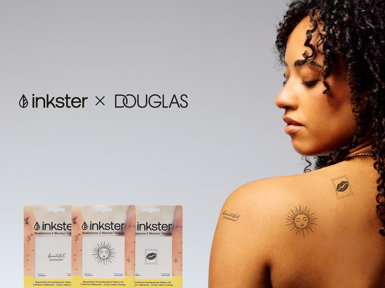 Die temporären Tattoos von Inkster x Douglas halten bis zu zwei Wochen und sind in verschiedenen Designs erhältlich, wie hier auf der Schulter einer Frau zu sehen.