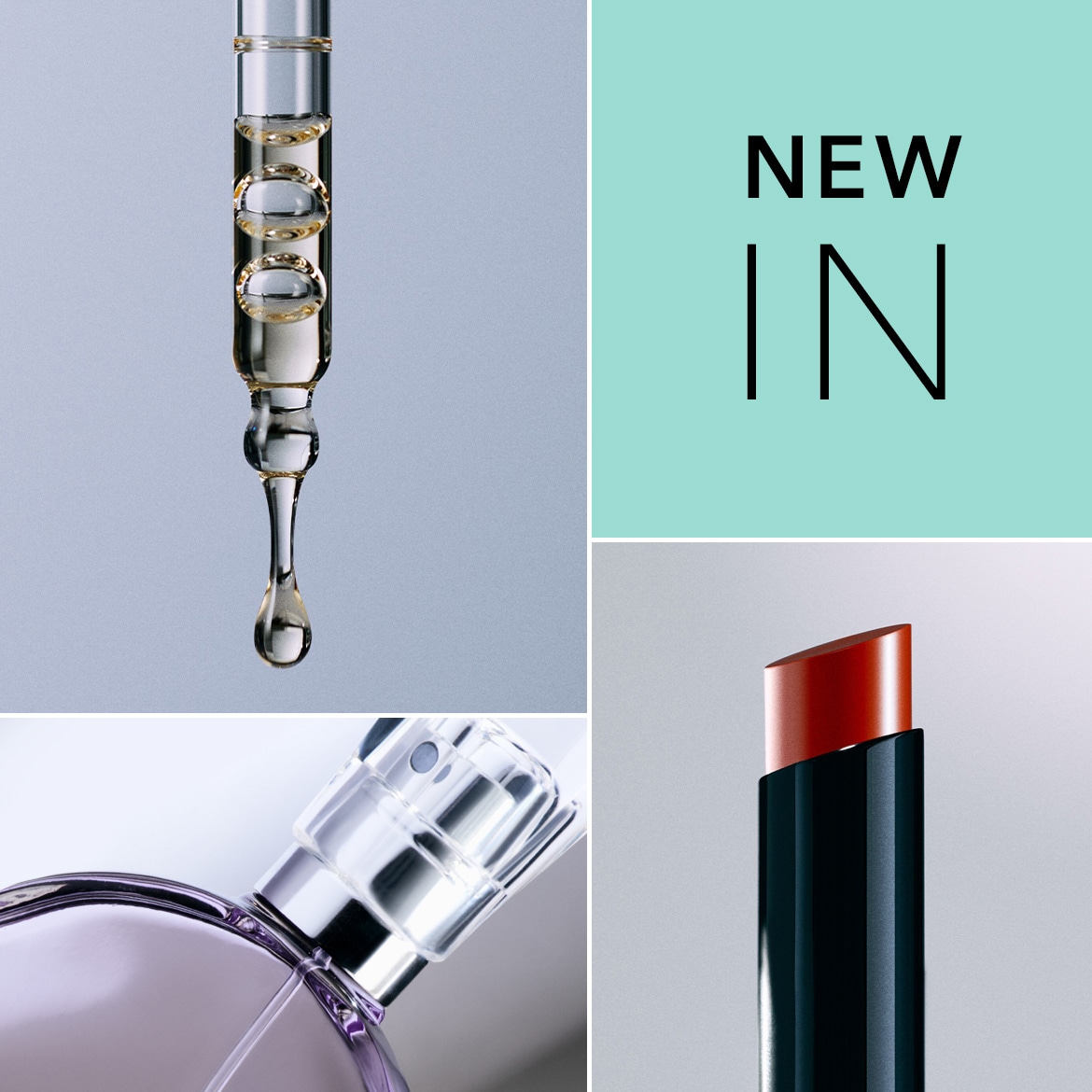 Entdecken Sie die neuesten Schönheits- und Hautpflegeprodukte: Serumtropfen, lila Parfümflasche und roter Lippenstift, alles in einem Bild mit dem Text "Neu hier".