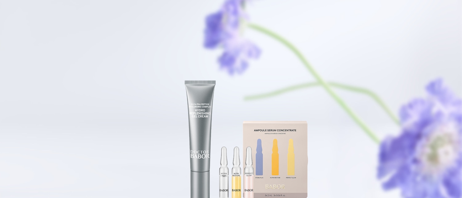 Entdecken Sie Doctor Babor: Hydro Replenishing Gel Cream in einer silbernen Tube, zusammen mit Ampullen Serum Konzentraten für Hydra Plus, Nutri Restore und Perfect Glow, um Ihre Haut zu revitalisieren.