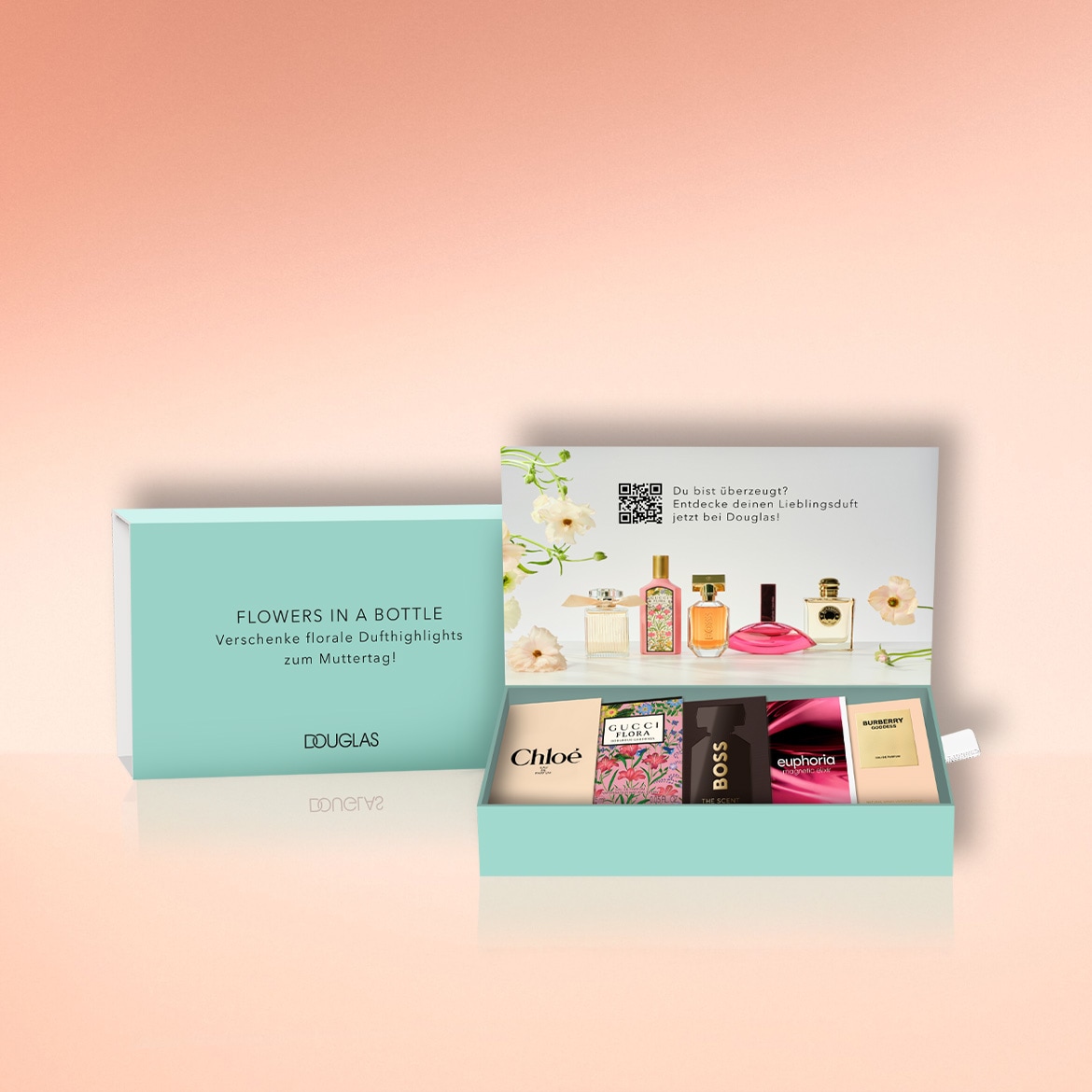 Entdecke florale Dufthighlights zum Muttertag mit der Douglas "Flowers in a Bottle" Geschenkbox, die eine Auswahl beliebter Düfte wie Chloé, Gucci Flora und Burberry enthält.