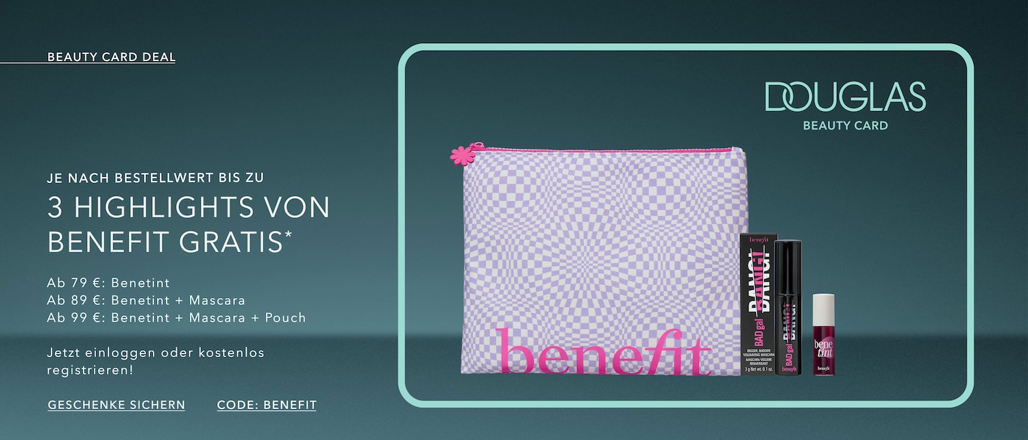 Douglas Beauty Card Deal: Bis zu 3 Benefit Highlights gratis, je nach Bestellwert, mit Benetint, Mascara und Pouch. Jetzt einloggen oder kostenlos registrieren!