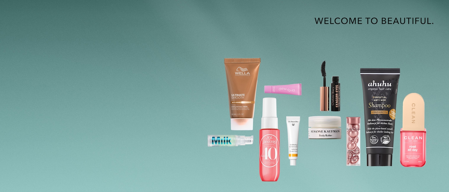 Willkommen bei Beautiful: Verschiedene Schönheits- und Pflegeprodukte wie Shampoo, Body Butter und Mascara sind auf hellblauem Hintergrund angeordnet.
