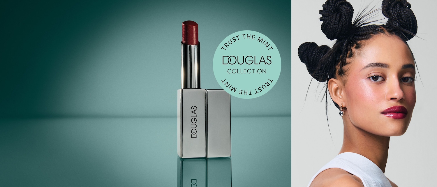 Douglas Collection Lippenstift in Rot vor mintgrünem Hintergrund; daneben Badge „Trust the Mint“.