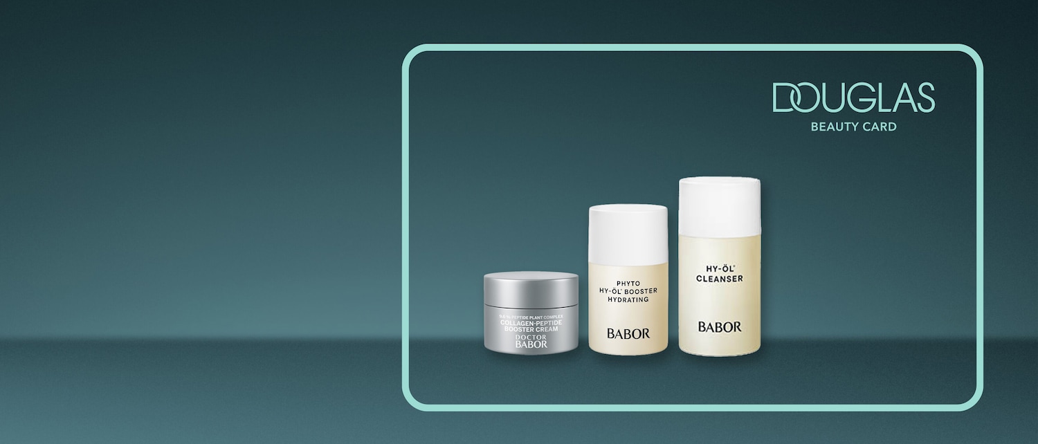 Entdecke das Babor-Set mit Collagen-Peptid-Booster-Creme in silberner Dose, Phyto Hy-Öl Booster Hydrating und Hy-Öl Cleanser in hellen Verpackungen für eine strahlende Haut.
