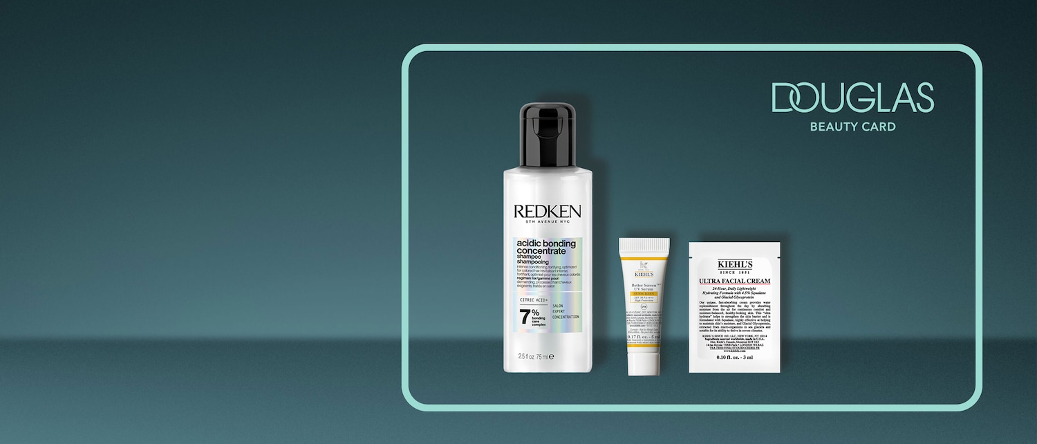 Das Bild zeigt eine Redken Acidic Bonding Concentrate Shampoo-Flasche, ein Kiehl's Better Screen UV Serum und eine Kiehl's Ultra Facial Cream Probe, die alle auf einem Douglas Beauty Card-Hintergrund präsentiert werden.