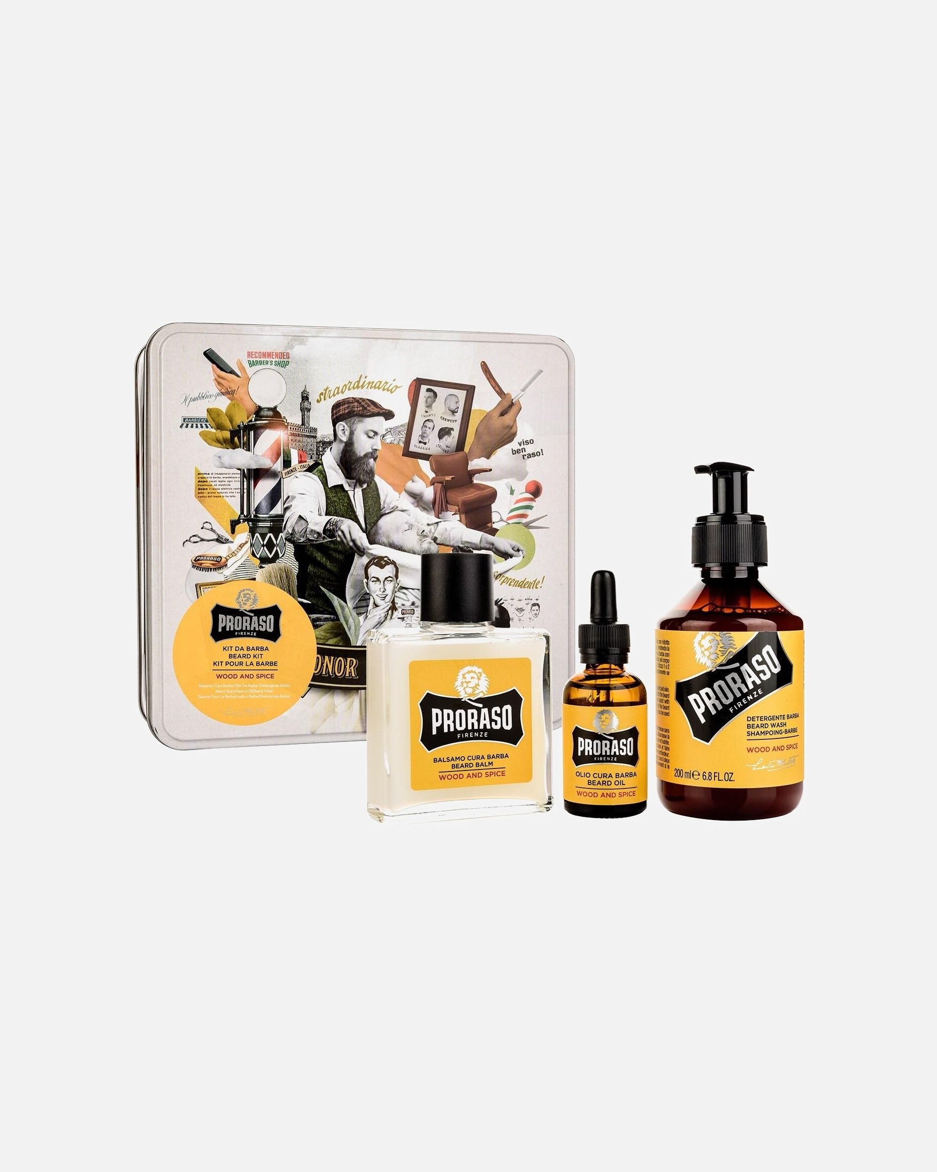 Gesichtspflegeset für Unisex PRORASO Beard Kit Wood & Spice Beard Wash 200 ml + Beard Balm 100 ml + Beard Oil 30 ml