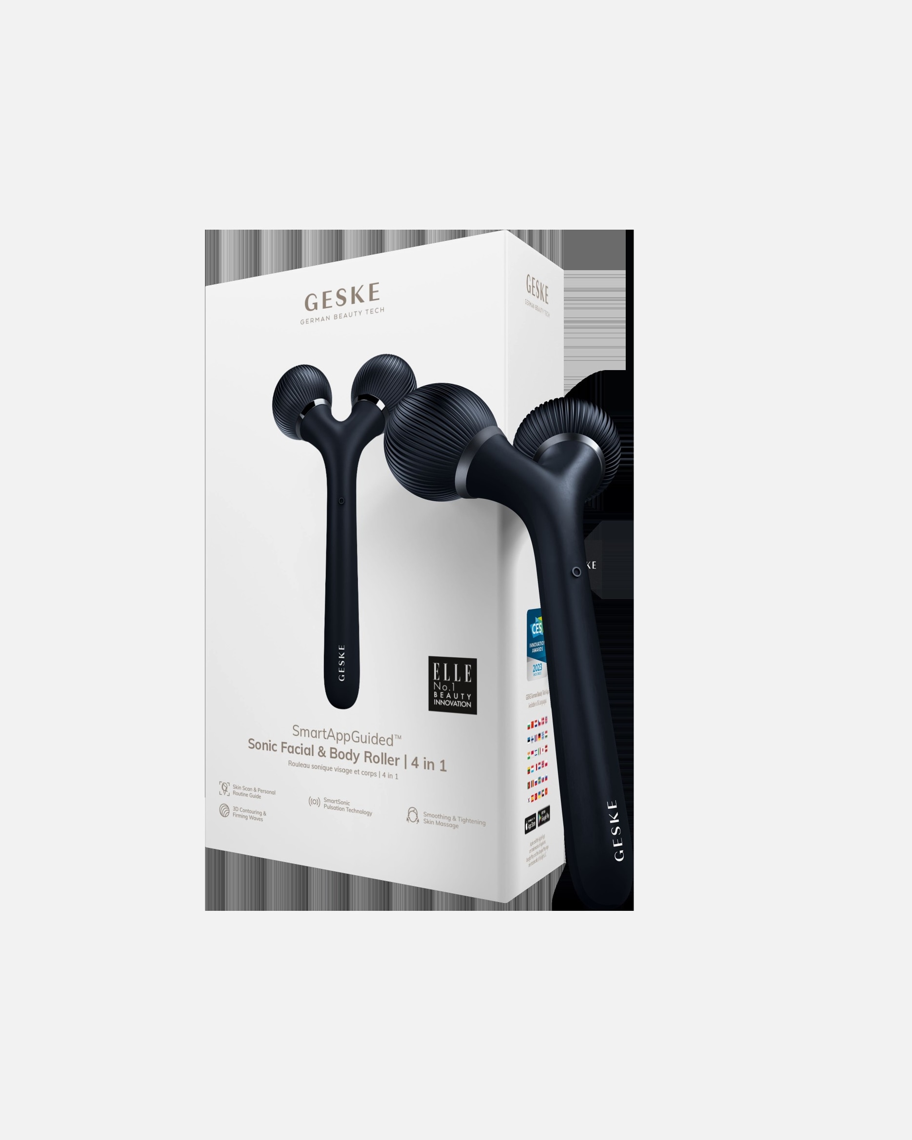 Elektrisches Gesichtsmassagegerät für Unisex GESKE SmartAppGuided™ Sonic Facial & Body Roller | 4 in 1 Black