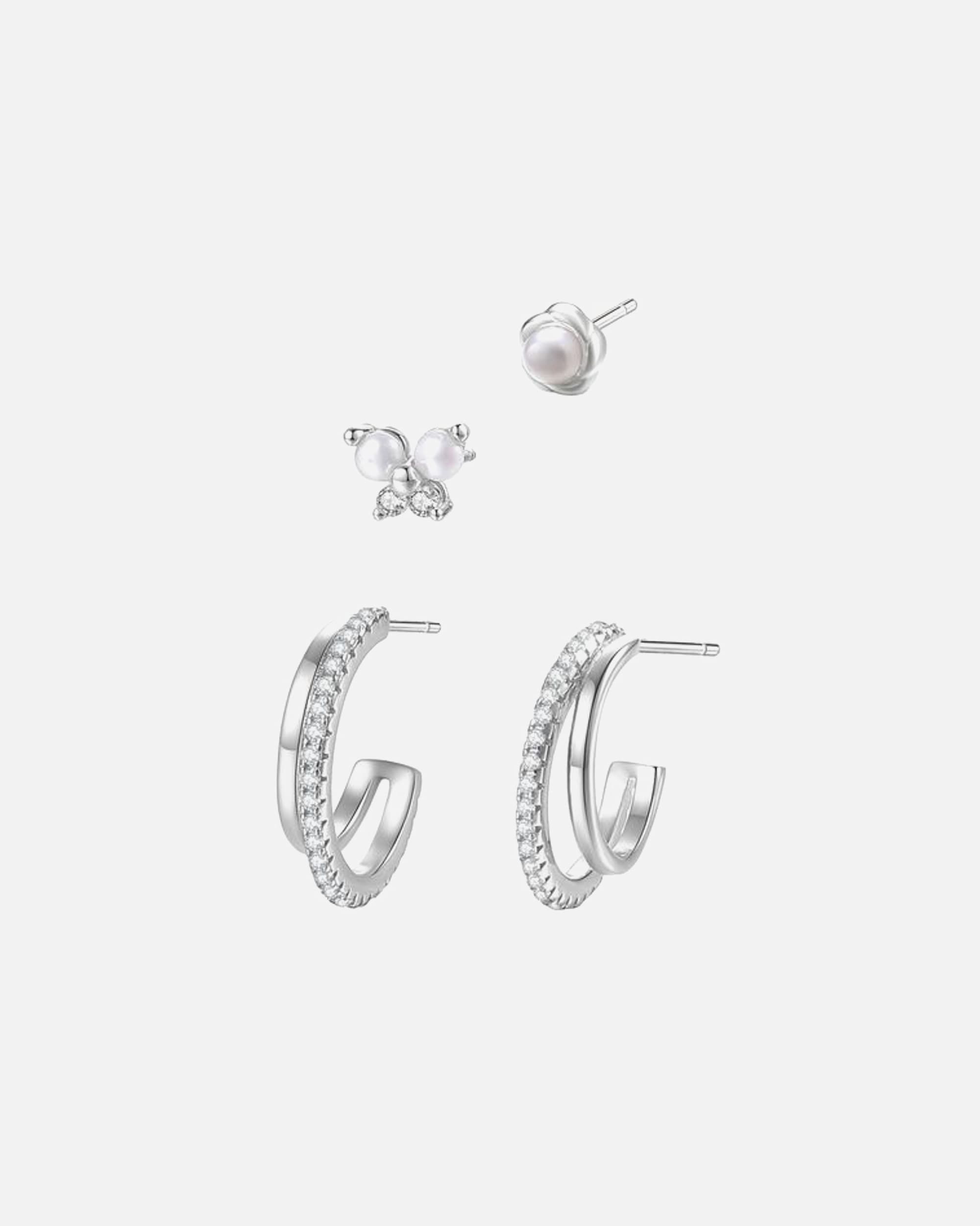 Ohrringe für Weiblich Hey Happiness Default Brand Line Ohrring-Set 4-teilig mit Edelstein & Perle aus 925 Sterlingsilber Silber