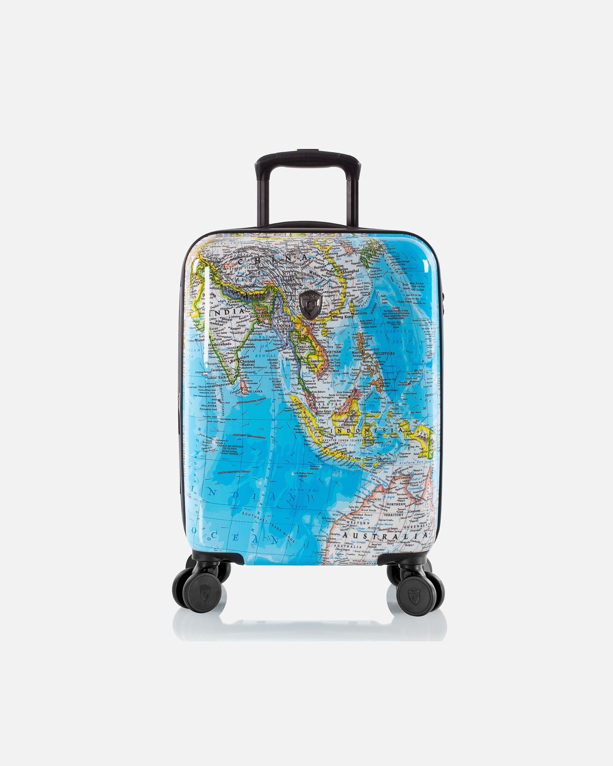 Handgepäckkoffer für Männlich Heys Black Camo 4 Rollen Kabinentrolley S 53 cm mit Dehnfalte world map
