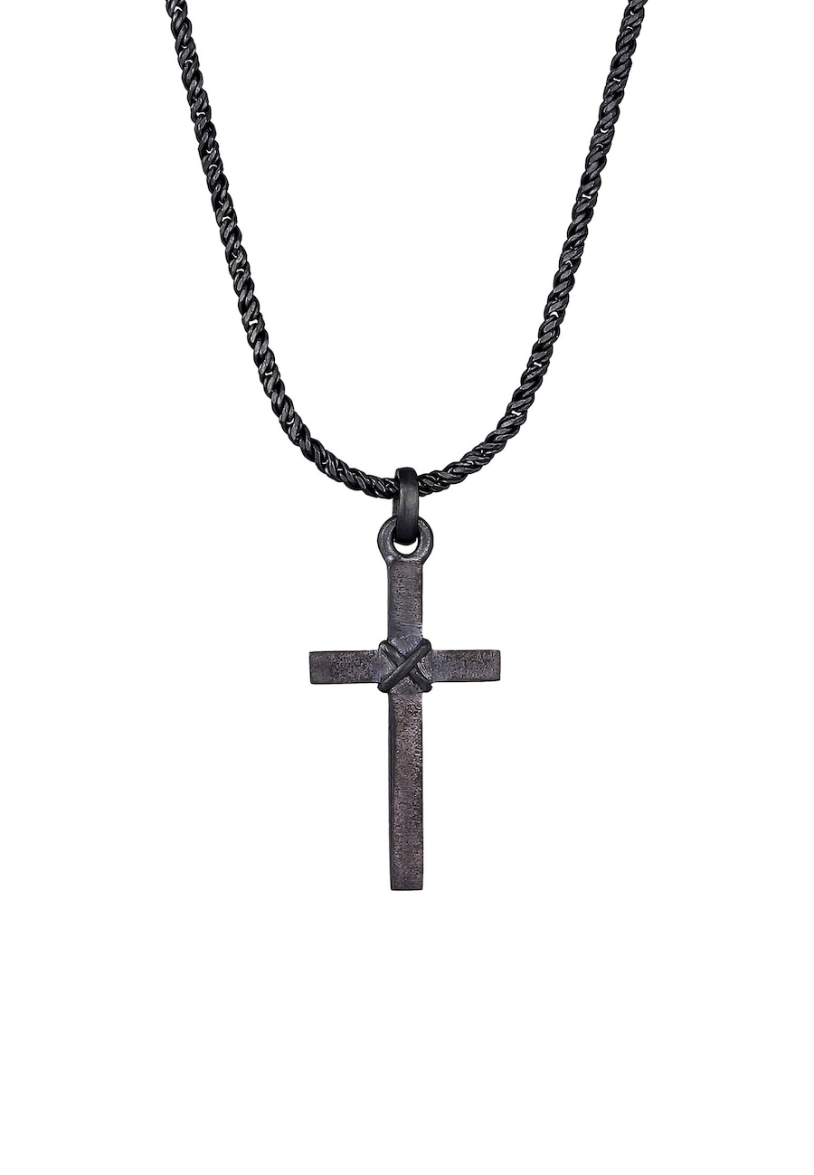 KUZZOI Herren Kreuz Flach Kordelkette 925 Silber Schwarz