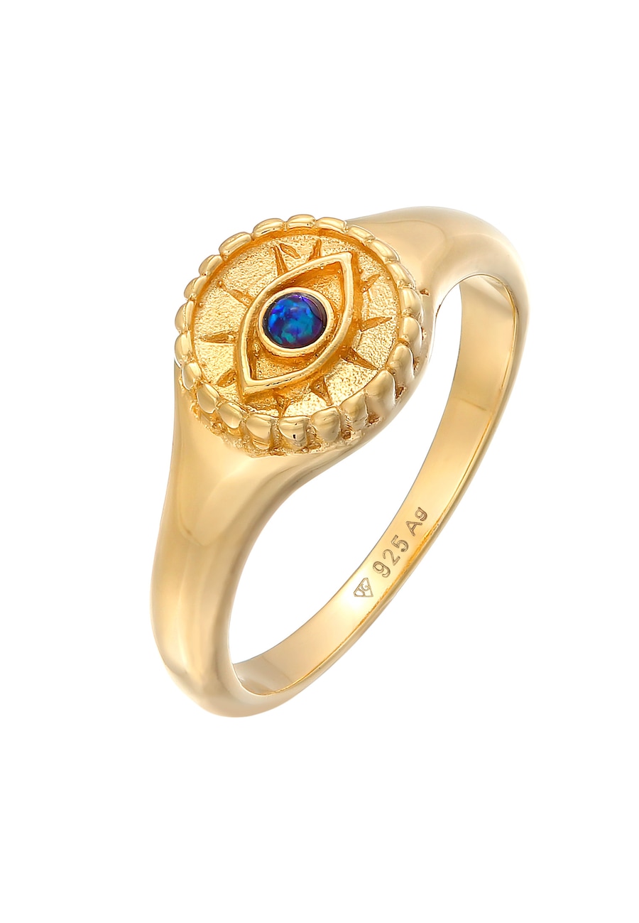 Elli Ring Siegelring Evil Eye Blue synth. Opal 925 Silber 52 Damen