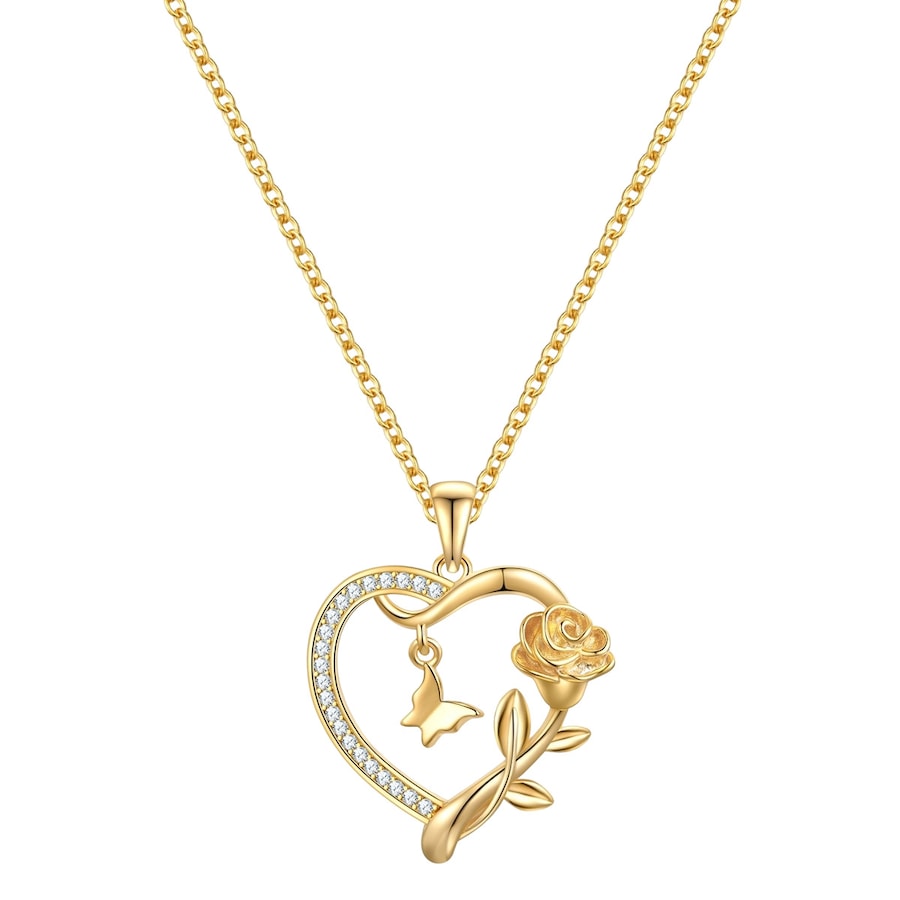 Rafaela Donata Halskette Herz/Schmetterling/Rose aus Sterling Silber in Gelbgold mit Zirkonia 42,0 cm Basiskette + 7,0 Verlängerung Damen