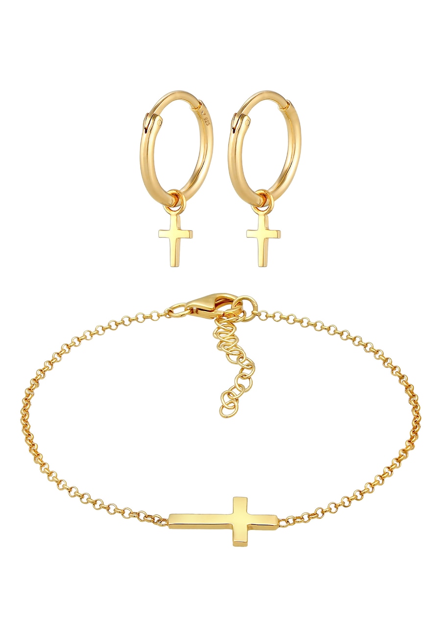 Elli Kreuz Symbol Armband Ohrstecker Set 925 Silber golfarben Damen