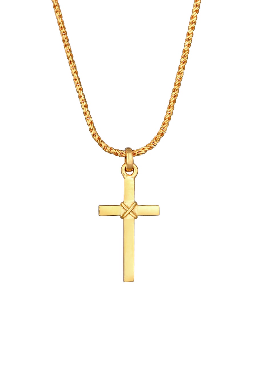 KUZZOI Herren Kreuz Flach Kordelkette 925 Silber goldfarben