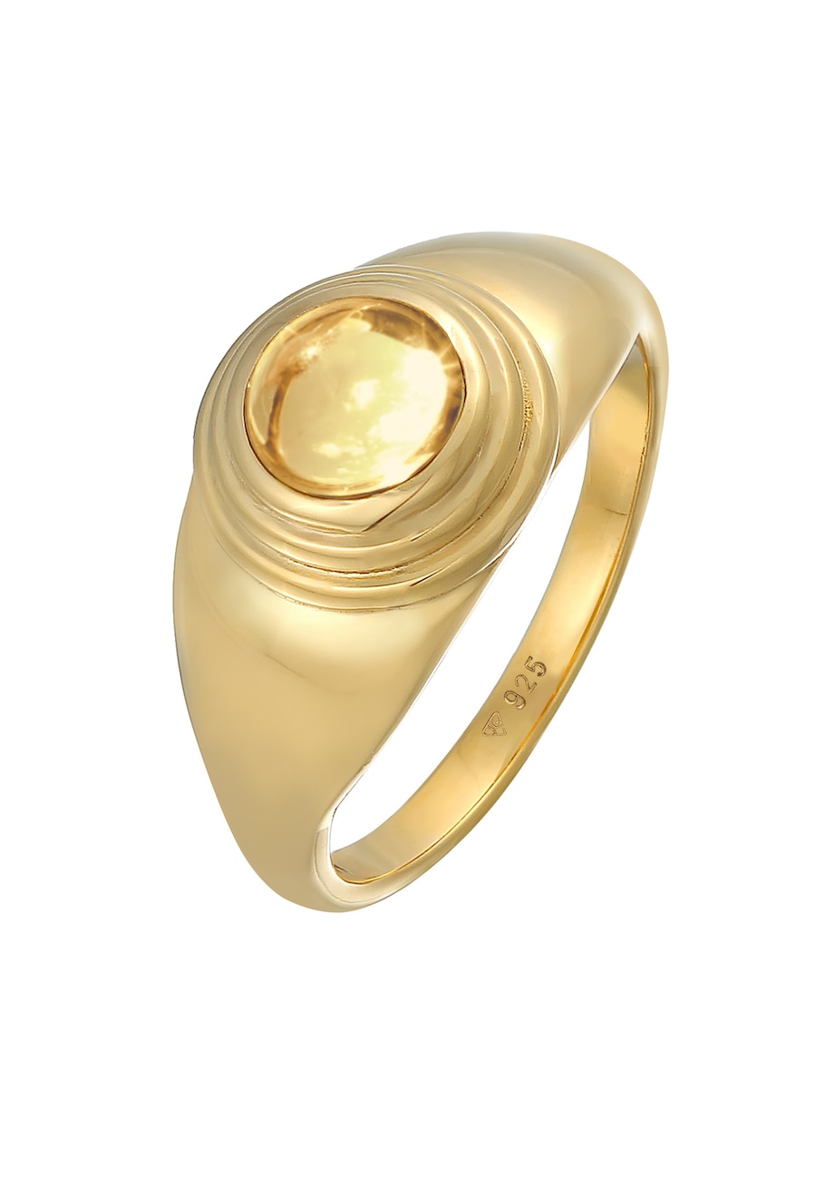 Elli PREMIUM Ring Siegelring Citrin Rund Klassik 925 Silber vergoldet 52 Damen