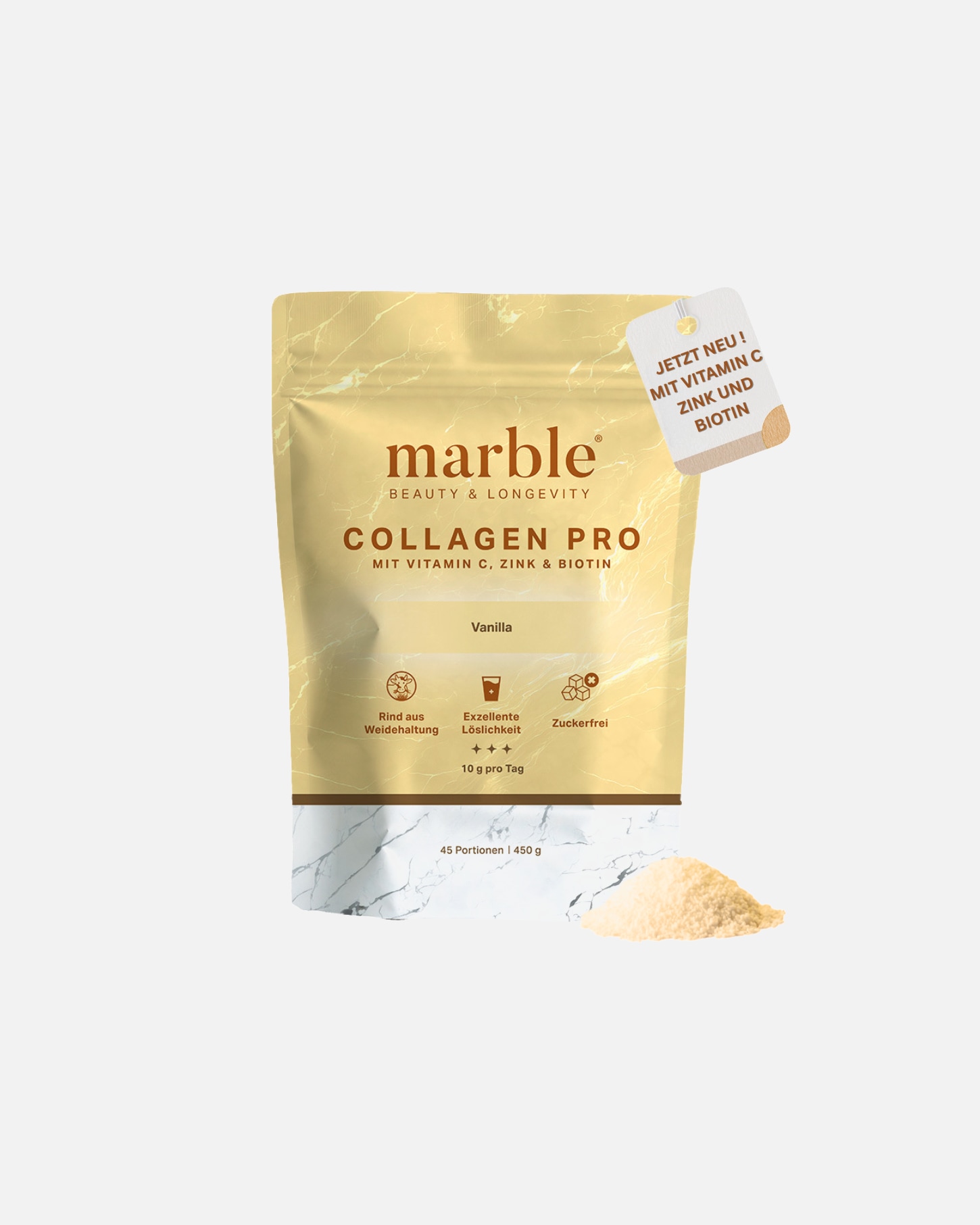 Nahrungsergänzung Haut für Unisex marble Collagen Pro – 2er Pack Vanille mit Vitamin C, Zink & Biotin marble® Collagen Pro – Vanilla (450 g Beutel)