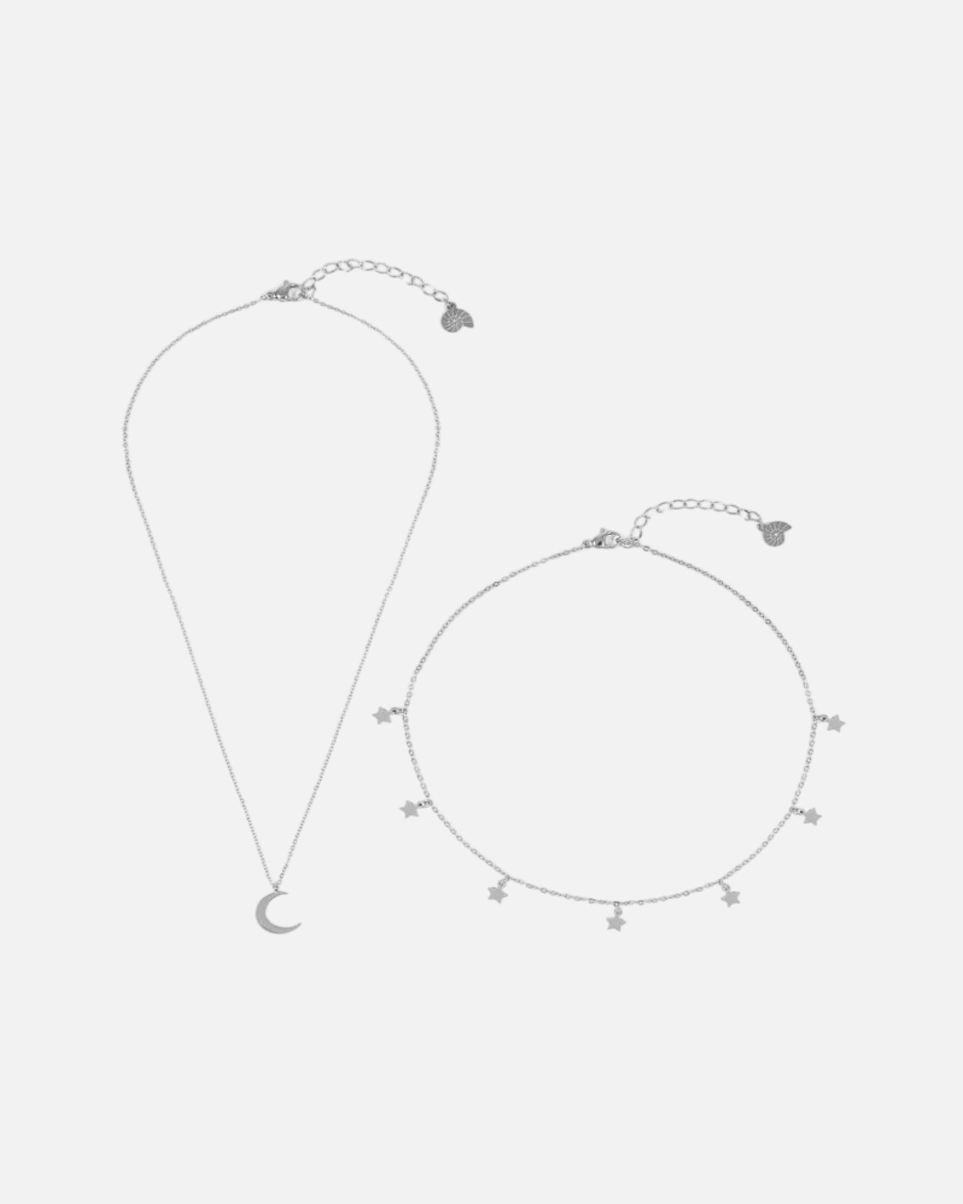 Halskette für Weiblich Hey Happiness Default Brand Line Halsketten-Set mit Stern- und Mondanhänger Silber