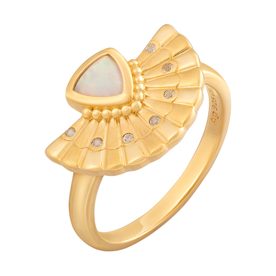 caï Ring 925 Silber vergoldet Boho Fächer mit synth. Opal & Weißtopas 925/- Sterling 056 (17,8) Damen