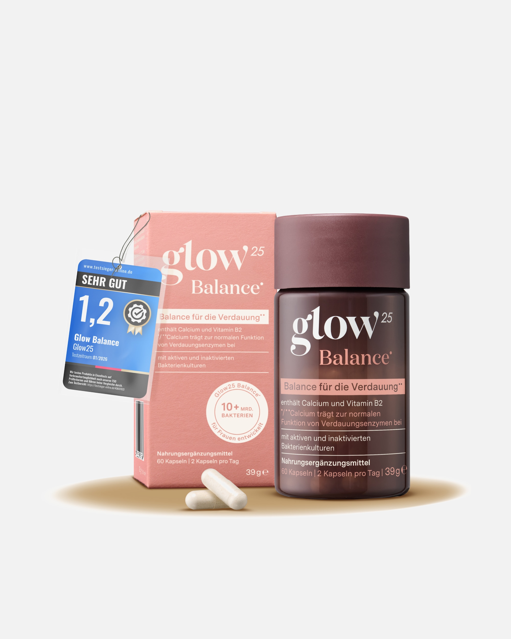 Nahrungsergänzung Darm für Unisex Glow25 Balance- mit Milchsäurebakterien, Kiwifruchtpulver, Inulin, Calcium und Vitamin B2 60 capsules