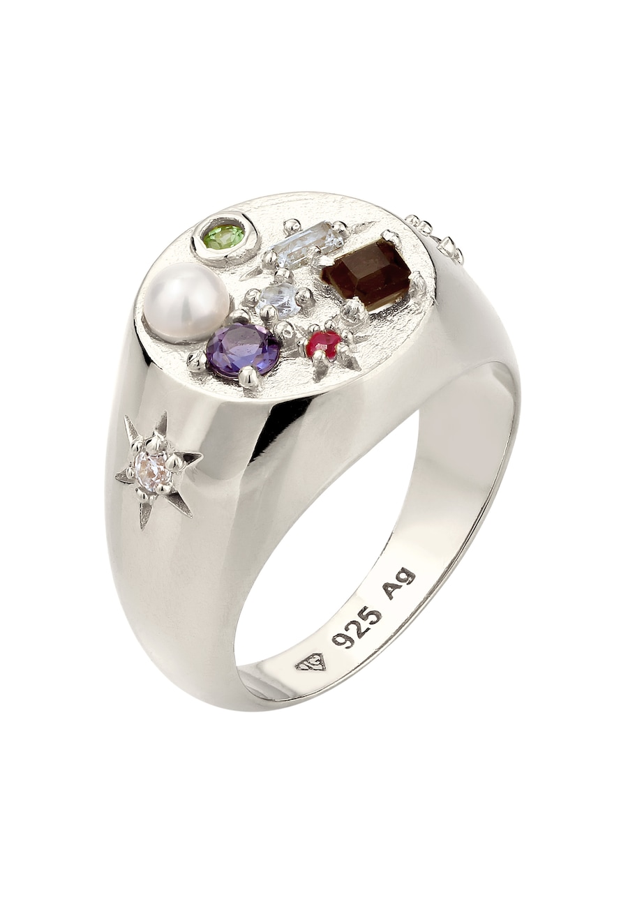 Elli PREMIUM Siegelring Vintage Saphir Mondstein Perle 925 Sterling Silber 58 Damen