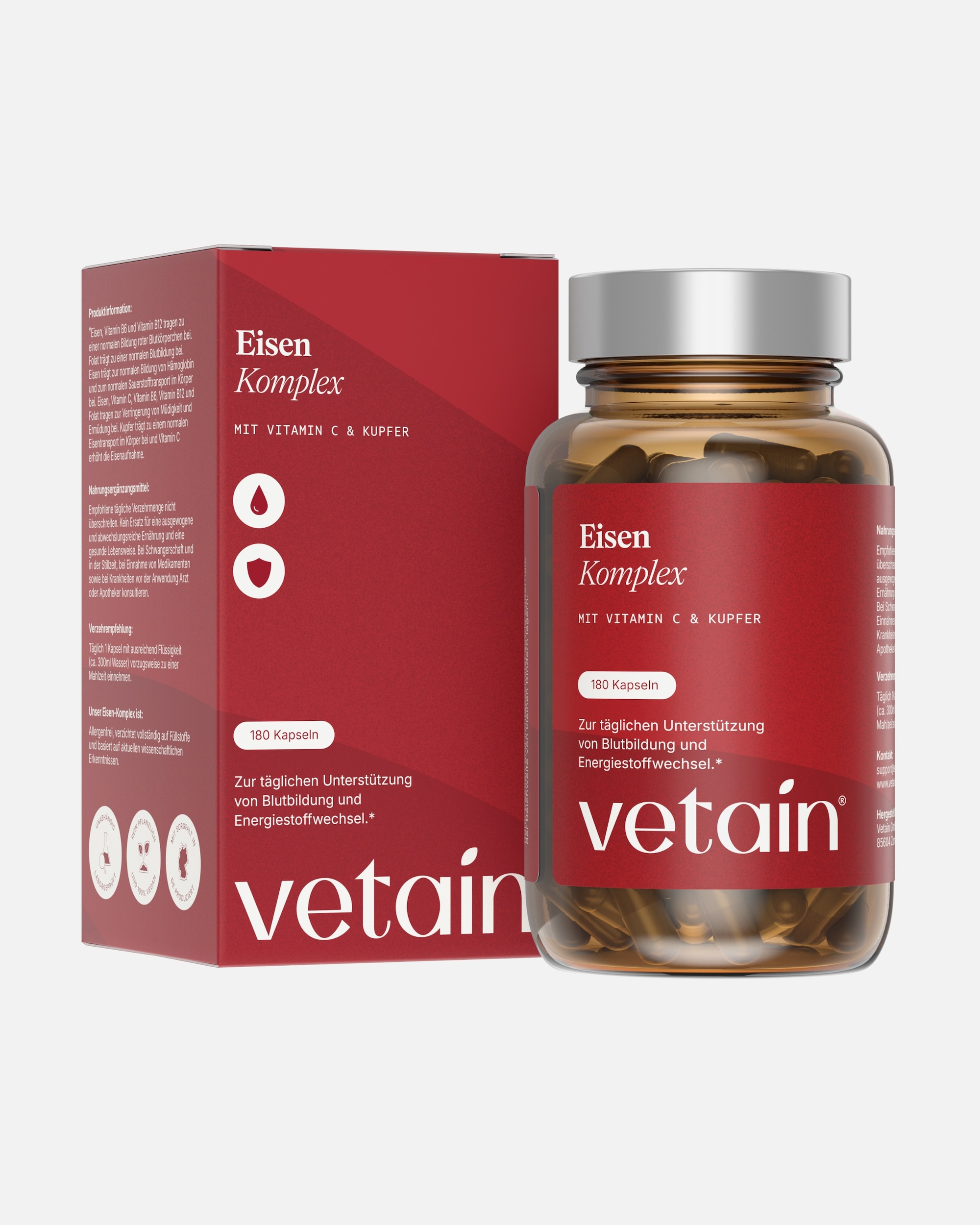 Nahrungsergänzungsmittel für Unisex Vetain Default Brand Line Eisen Vitamin C Komplex - Mit Kupfer, Vitamin B6, B12 & Folsäure 180 Kapseln
