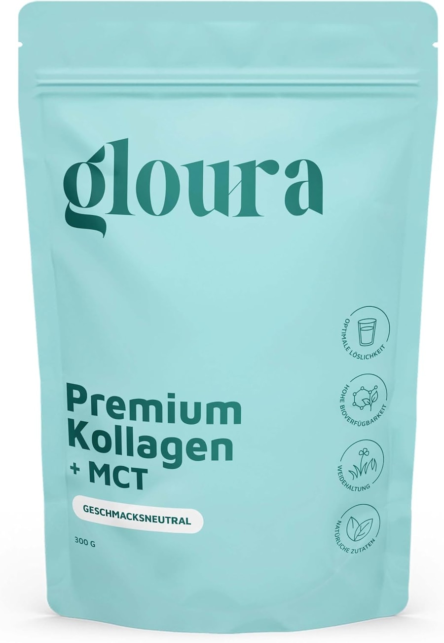 Gloura Premium Kollagen Pulver mit MCT– Hydrolysat Typ I & III für Haut, Haare Nägel + MCT 300 g